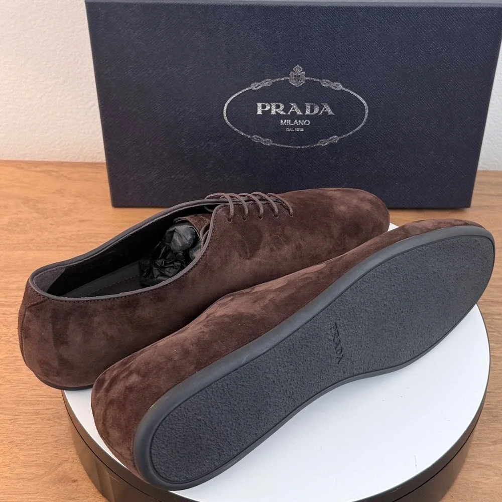 Prada Mens Vit.Scamosciato Suede Oxford Shoes Moro Brown 2EG448 Size 10.5